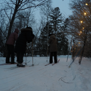 night time skiiers and fairy lights